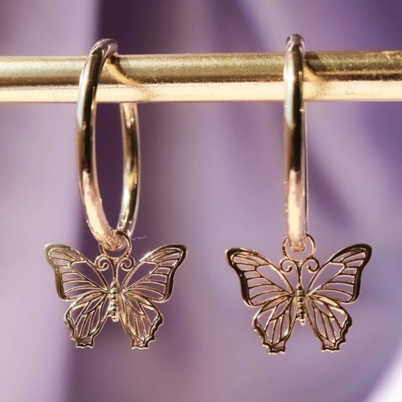Jewelry - NEW Rose Gold Butterfly Drop Huggie Hoop Earrings